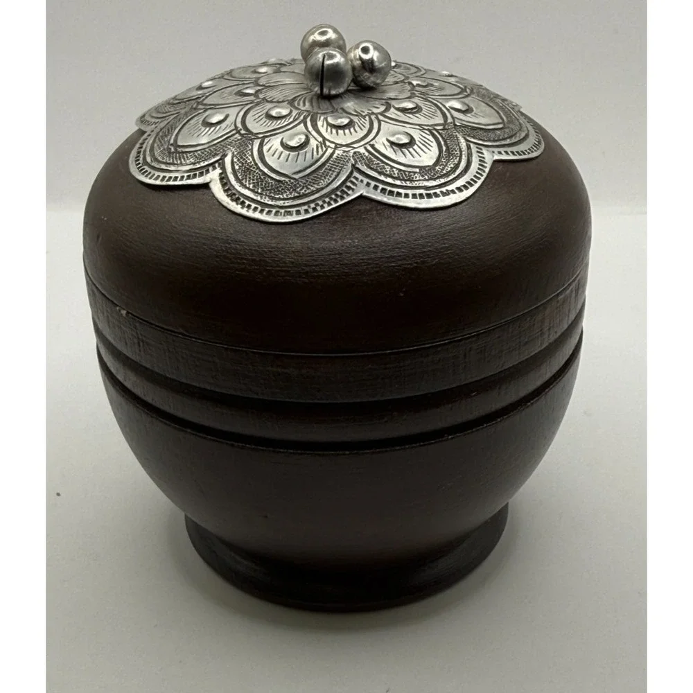Vintage Hand Carved Wood Lidded Trinket Box Silver Floral Top Round Jewelry Box